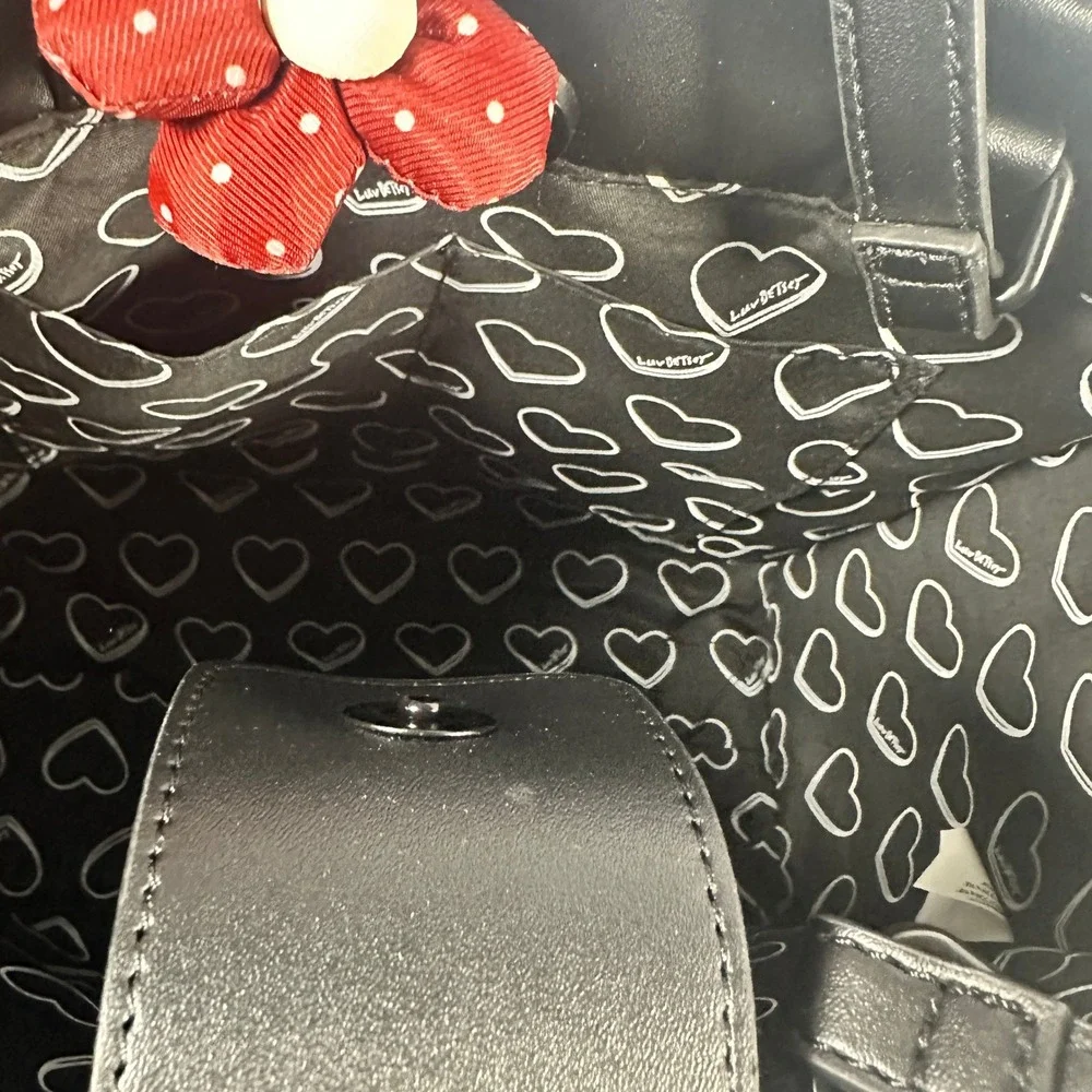 Betsey Johnson Tote Bag Women Black Embroidered Teddy Bear Heart Crossbody